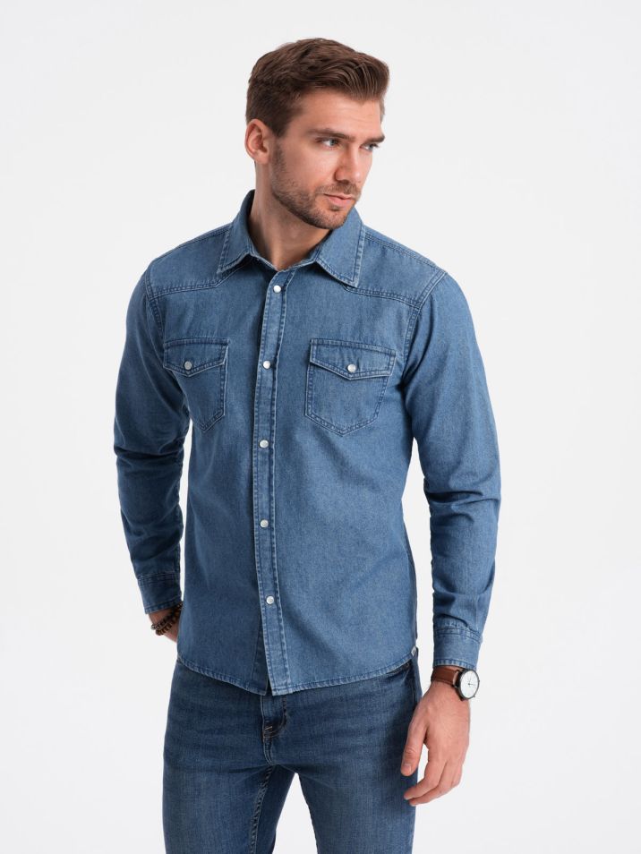 Ombre Clothing Moška majica iz džinsa Gillam modra